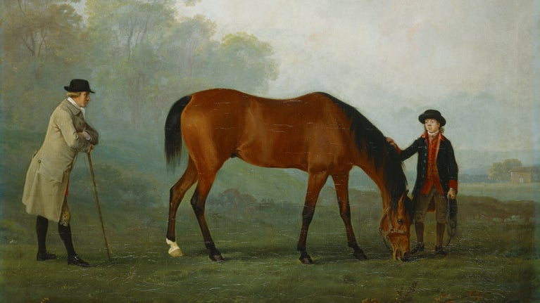 Portrait of a horse with his groom and Sir Harry Harpur